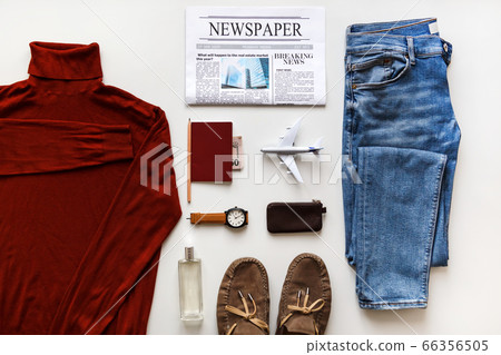 Casual male flat lay hipster fashion clothes and accessories set isolated on white. Top view knolling 66356505
