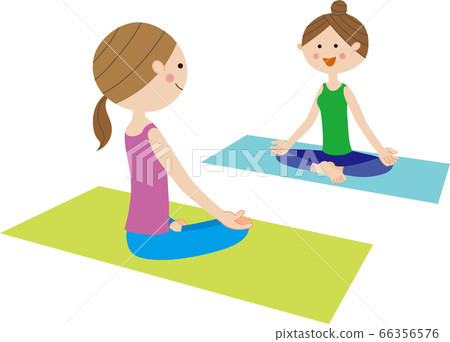 Two women receiving yoga raisins in Suka Asana pose Two women receiving yoga raisins in Suka Asana pose 66356576