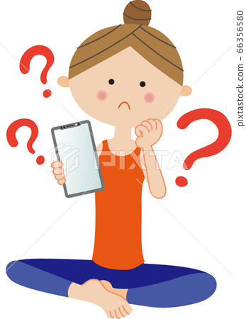 Hatena with a woman with a troubled expression holding a smartphone while doing yoga in Suka Asana (Araza pose) Hatena with a woman with a troubled expression holding a smartphone while doing yoga in Suka Asana (Araza pose) 66356580