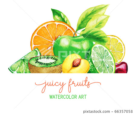 Heap of hand drawn watercolor fruits, banner template 66357058