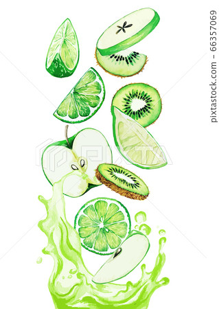Green fruits falling in the green juice splash 66357069
