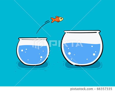 A gold fish is jumping from small pond to a big A gold fish is jumping from small pond to a big 66357335