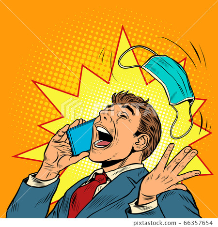 happy man throws away medical mask. End of the quarantine, victory over the disease happy man throws away medical mask. End of the quarantine, victory over the disease 66357654