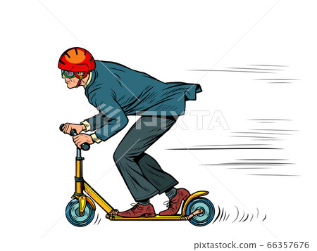 A businessman is riding a scooter 66357676
