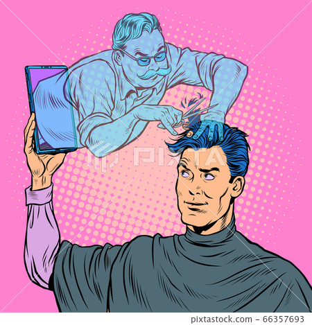 remote work online help. a male Barber makes a haircut remote work online help. a male Barber makes a haircut 66357693