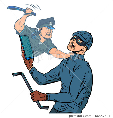 Online security. A police officer detains a thief Online security. A police officer detains a thief 66357694