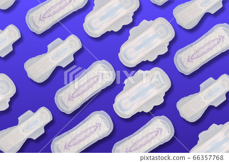 Collage of Sanitary pad or Menstrual Pads for light, regular and heavy flow on a purple background 66357768