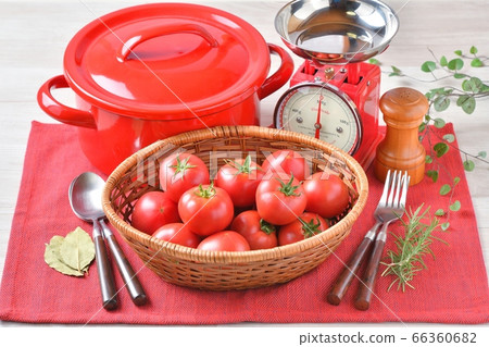 Red kitchen, food, cooking image, fruit tomato, pot, kitchen scale. 66360682