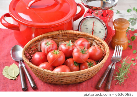 Red kitchen, food, cooking image, fruit tomato, pot, kitchen scale. 66360683