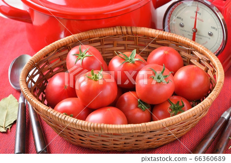 Red kitchen, food, cooking image, fruit tomato, pot, kitchen scale. 66360689