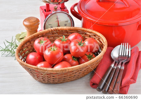 Red kitchen, food, cooking image, fruit tomato, pot, kitchen scale. 66360690