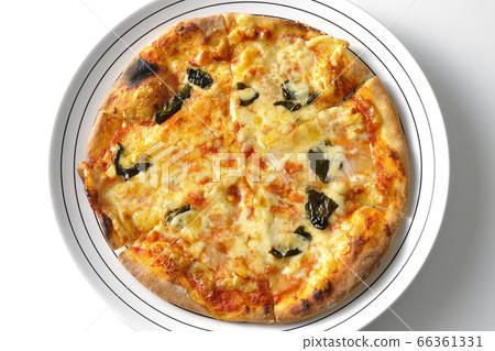 Freshly baked crispy dough margherita (white background, overhead view) Freshly baked crispy dough margherita (white background, overhead view) 66361331