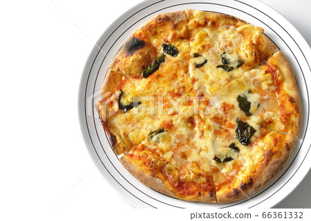 Freshly baked crispy dough margherita (white background, overhead view) Freshly baked crispy dough margherita (white background, overhead view) 66361332