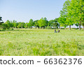 Image of landscape with children on a cloudless blue sky and fresh green grass 66362376