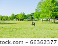 Image of landscape with children on a cloudless blue sky and fresh green grass 66362377