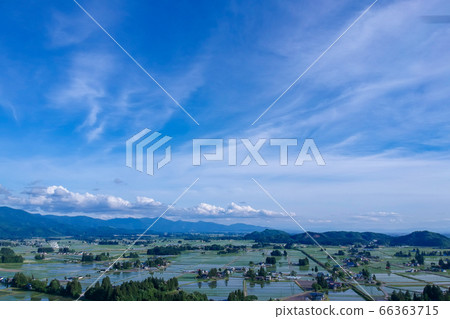 Aerial view of rural landscape after rice planting, June Akita Prefecture Aerial view of rural landscape after rice planting, June Akita Prefecture 66363715