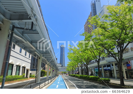 [山口縣]在陽光明媚的天氣下的日本典禮步行街和海峽佑美塔 66364629