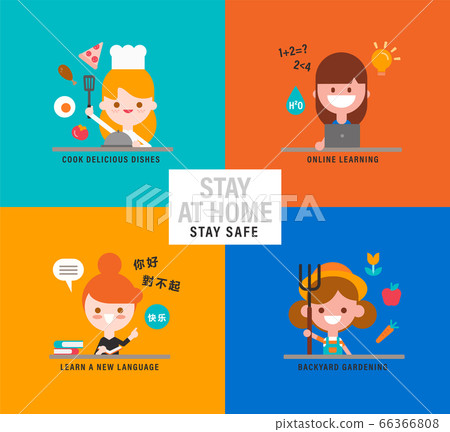 Happy girls with different activities at home during pandemic. Happy girls with different activities at home during pandemic. 66366808