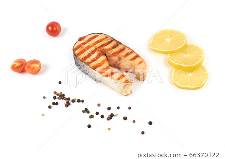 grilled salmon steak fillet, isolated on white background 66370122