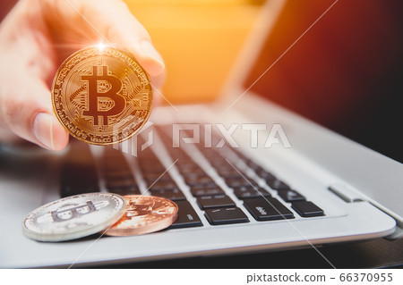 Bitcoin with laptop computer for Digital money or cryptocurrency  66370955