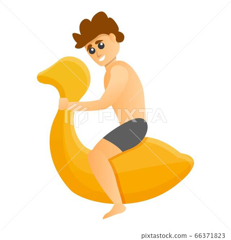Boy at inflatable goose icon, cartoon style 66371823