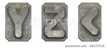 Set of capital letters Y, Z and symbol left angle bracket made of industrial metal isolated on white background. 3d 66373538