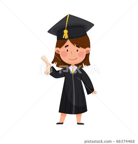Smiling Girl Character in Academic Gown and Square Cap Delighted with Graduation Ceremony Vector Illustration 66374468