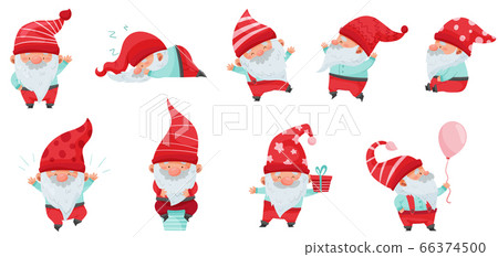 Fantastic Gnome Character with White Beard and Red Pointed Hat Vector Illustration Set 66374500