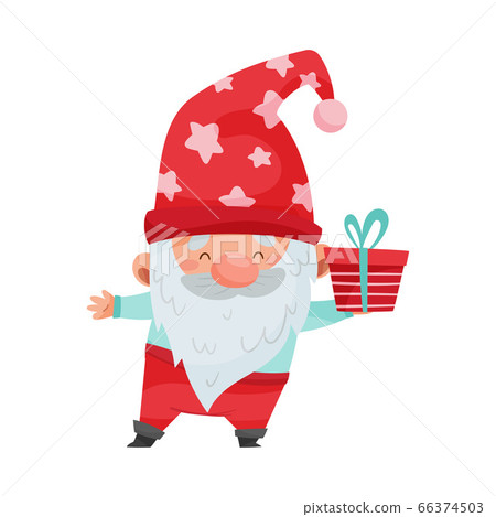 Fantastic Gnome Character with White Beard and Red Pointed Hat Holding Gift Box Vector Illustration Fantastic Gnome Character with White Beard and Red Pointed Hat Holding Gift Box Vector Illustration 66374503