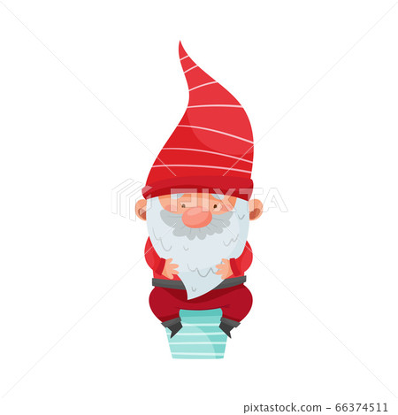 Gnome Character with White Beard and Red Pointed Hat Sitting on Chimney Vector Illustration Gnome Character with White Beard and Red Pointed Hat Sitting on Chimney Vector Illustration 66374511