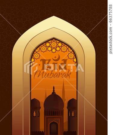 Islamic greeting card with greeting - Eid Mubarak 66375788