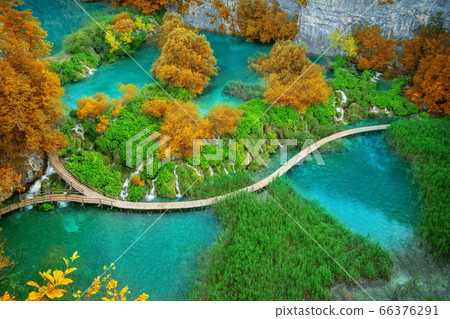 Beautiful wooden path in Plitvice Lake, Croatia. 66376291