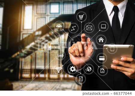 Data Management System with businessman working with provide information for Key Performance Indicators and marketing analysis virtual computer  66377044