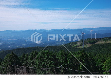 Aoyama Kogen Wind Farm with fresh green and blue sky towards Isewan 66378145
