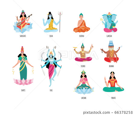 Set of Indian goddess cartoon characters, flat vector illustration isolated. 66378258