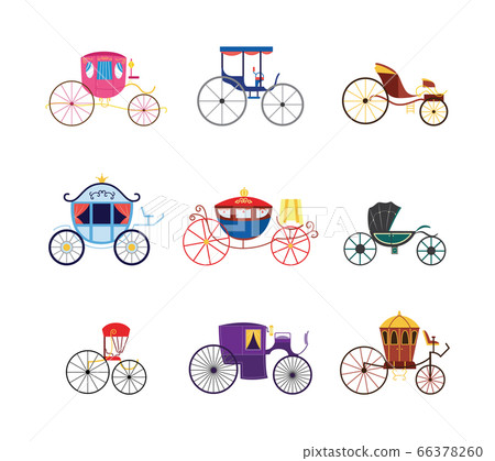 Colorful cartoon vintage carriage and stagecoach, isolated flat set Colorful cartoon vintage carriage and stagecoach, isolated flat set 66378260