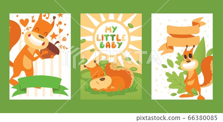Squirrel poster my little baby with a fluffy tail, vector illustration. Happy animal with beloved acorn, rodent resting in grass Squirrel poster my little baby with a fluffy tail, vector illustration. Happy animal with beloved acorn, rodent resting in grass 66380085