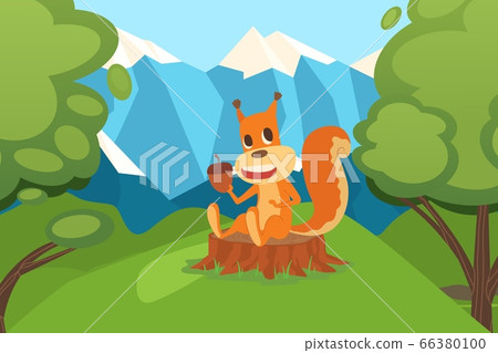 Squirrel with acorn sitting on stump in clean environment forest vector illustration. Natural residence small animal rodent. Squirrel with acorn sitting on stump in clean environment forest vector illustration. Natural residence small animal rodent. 66380100