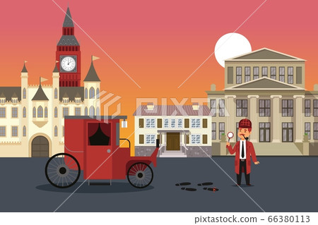 City street investigation, sherlock holmes result vector illustration. Man with magnifying glass examines crime evidence, blood City street investigation, sherlock holmes result vector illustration. Man with magnifying glass examines crime evidence, blood 66380113