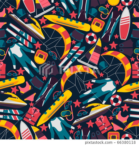Sea activities result vector illustration background. Bright summer marine entertainment pattern, diving suit, flippers, sailboat. 66380118