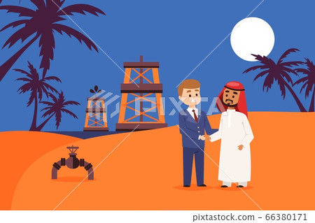 Sale oil production place in east shore, vector illustration. Businessman character conclude agreement with arab entrepreneur 66380171