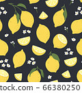Tropical seamless pattern with yellow lemons. Summer print with citrus, lemons slices, fresh fruits and flowers in hand drawn style. Colorful vector background. 66380250