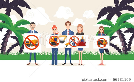 Under construction, demonstration group with banners, vector illustration. Environmental protest against building in tropical Under construction, demonstration group with banners, vector illustration. Environmental protest against building in tropical 66381169