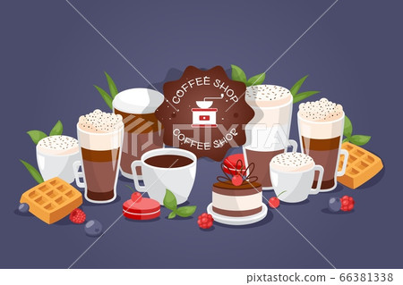 Coffe shop large assortment different drinks, vector illustration. Cafe logo, cups and glasses with coffee espresso, mug 66381338