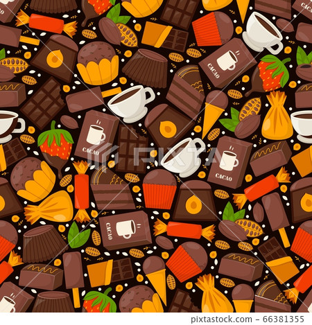 Chocolate product pattern, cacao, coffe and cupcake, vector illustration. Sweets from tropical cocoa beans, ice cream, candy Chocolate product pattern, cacao, coffe and cupcake, vector illustration. Sweets from tropical cocoa beans, ice cream, candy 66381355