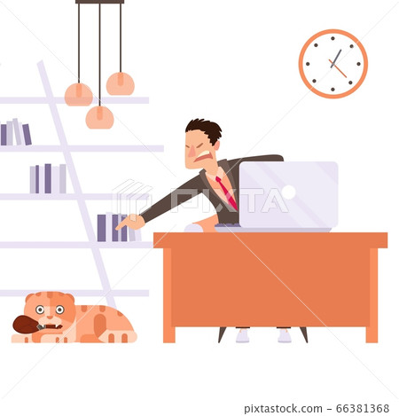 Cat interfere remote worker, owner scold pet result vector illustration. Man character in suit sitting with laptop, pointing hand 66381368