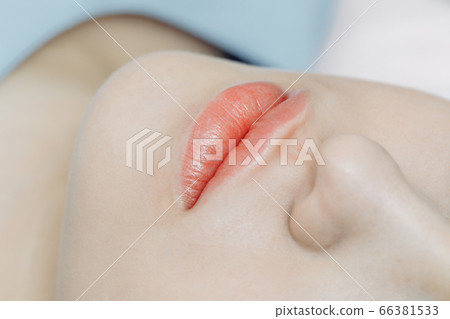 Lips after permanent makeup in beauty salon Lips after permanent makeup in beauty salon 66381533
