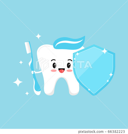 Cute tooth emoji with blue toothbrush and dental shield with paste on head and sparkles. Cute tooth emoji with blue toothbrush and dental shield with paste on head and sparkles. 66382223