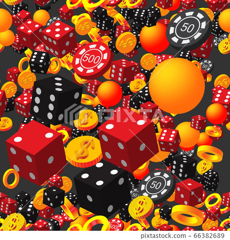 Rings Balls Poker Chips Dice and Coins on Black 66382689