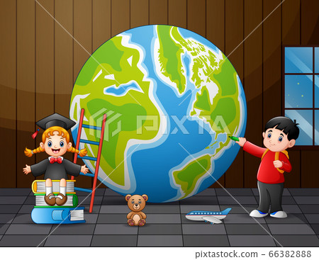 A big globe with school kids in the room A big globe with school kids in the room 66382888